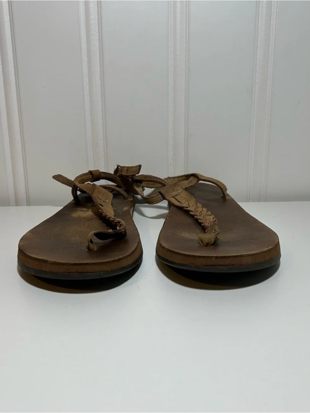 Rainbow thong ankle strap Women’s Brown Leather Braided Toe-Post Sandals